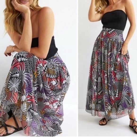 Farm Rio pineapple butterfly Floral Patterned Maxi Skirt side zipper flowy style - Picture 1 of 7